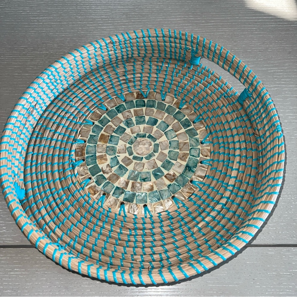 Turquoise Blue Woven Basket with Spiral Pattern Accents
